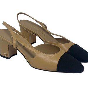 Chanel Beige Leather Grograin Toe Spectator Slingbacks Sz-38
